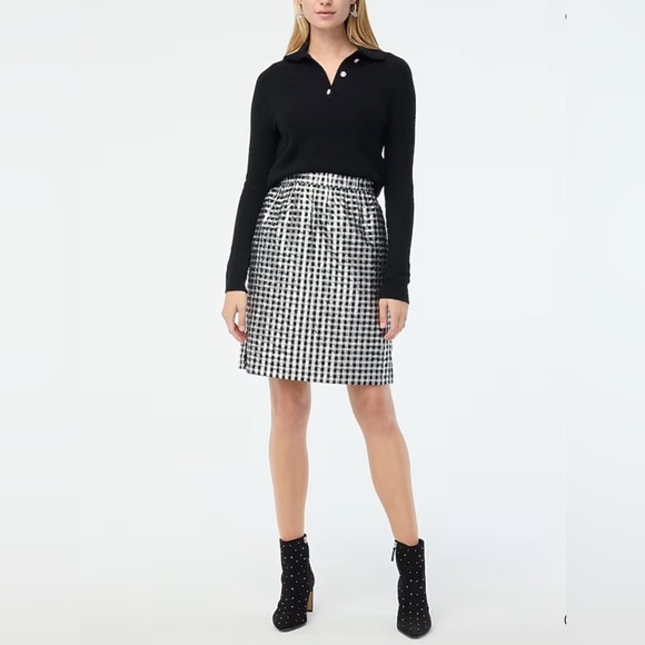 J.Crew Factory Shiny Gingham Pull On Mini Skirt Size Small Black And Silver - Picture 1 of 9